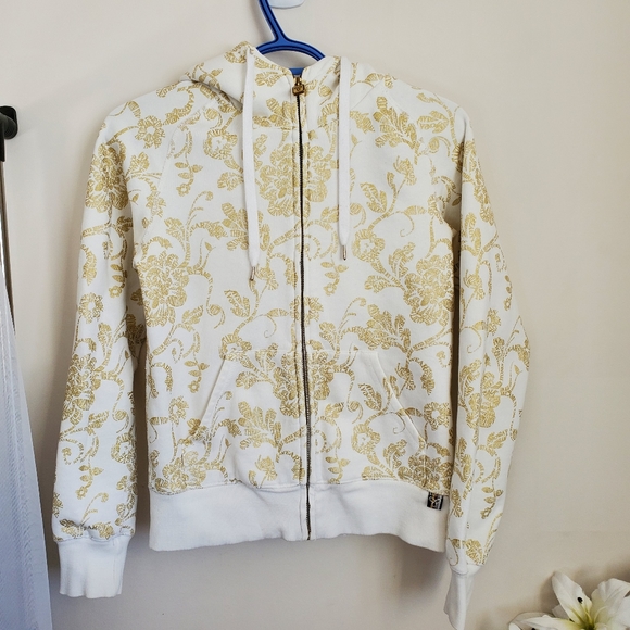 TNA Fleece Retro/Vintage Patterned Zip Up Hoodie in White & Gold - Picture 2 of 16